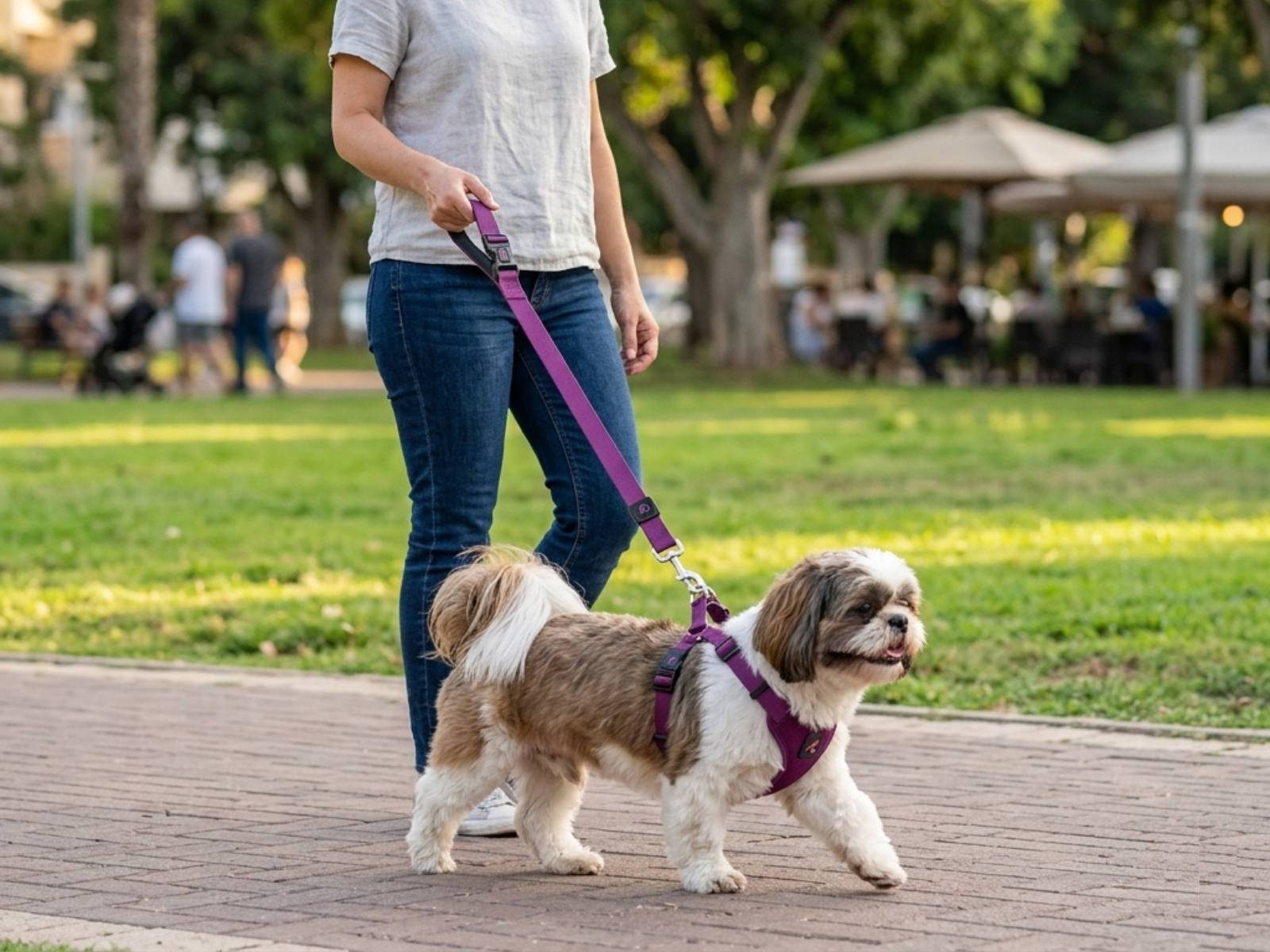 shih-tzu-dog-park-walk כלב שיצו בטיול יומי בפארק עם רתמה סגולה ורצועה תואמת