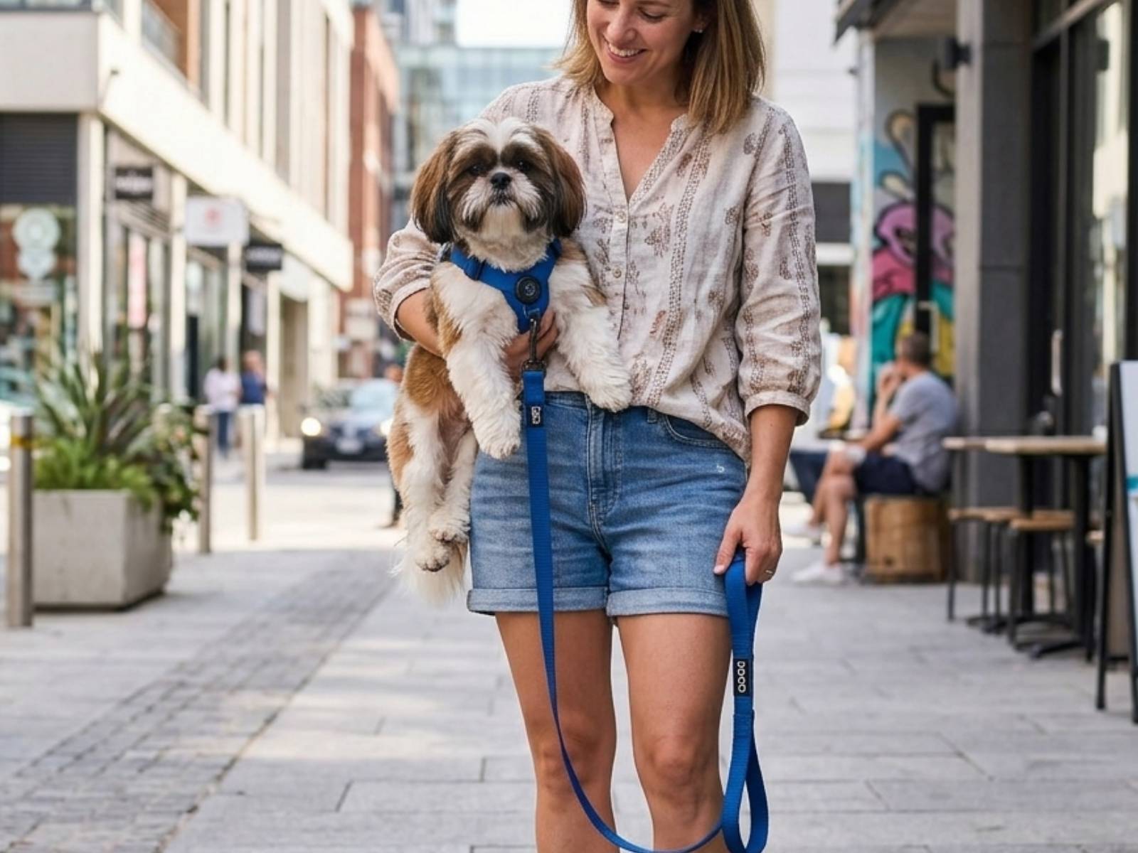 walking-with-shih-tzu-puppy אישה מחזיקה גור שיצו חמוד עם רתמה כחולה ברחוב עירוני
