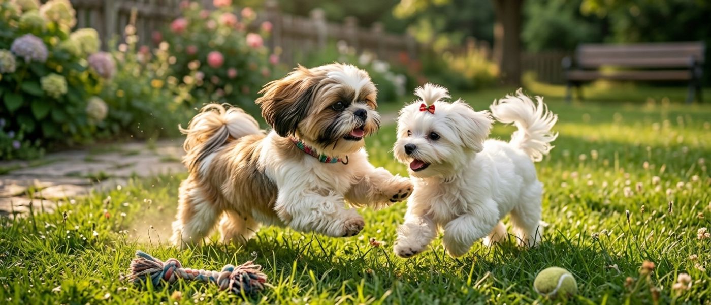 shih-tzu-and-maltese-playing-outdoors כלב שיצו וכלב מלטז לבן משחקים יחד ורצים על דשא ירוק בגינה עם צעצועי כלבים.