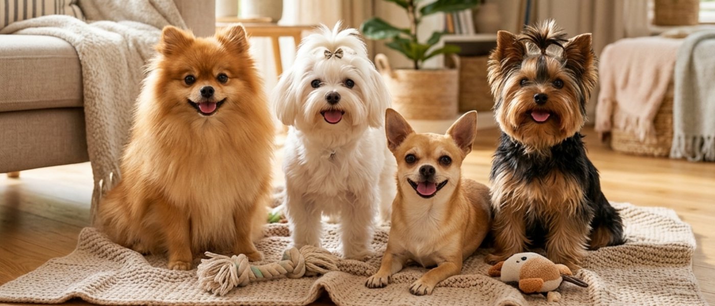 small-breed-dogs-pomeranian-maltese-yorkie מגוון כלבים מגזע קטן הכולל פומרניאן, מלטז, צ'יוואווה ויורקשייר טרייר יושבים על שטיח בסלון ביתי.