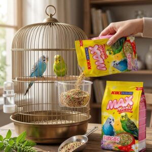 יד מוזגת תערובת מזון לציפורים Kiki Max Menu Budgies לתוך כלי אוכל בכלוב עם שני תוכונים צבעוניים.