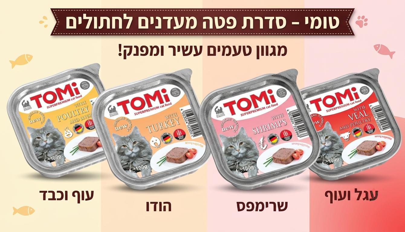 tomi-cat-food-alu-trays-flavors-banner באנר מגוון טעמים של מעדן פטה לחתול טומי במגשיות אלומיניום - עוף וכבד, הודו, שרימפס, עגל ועוף.