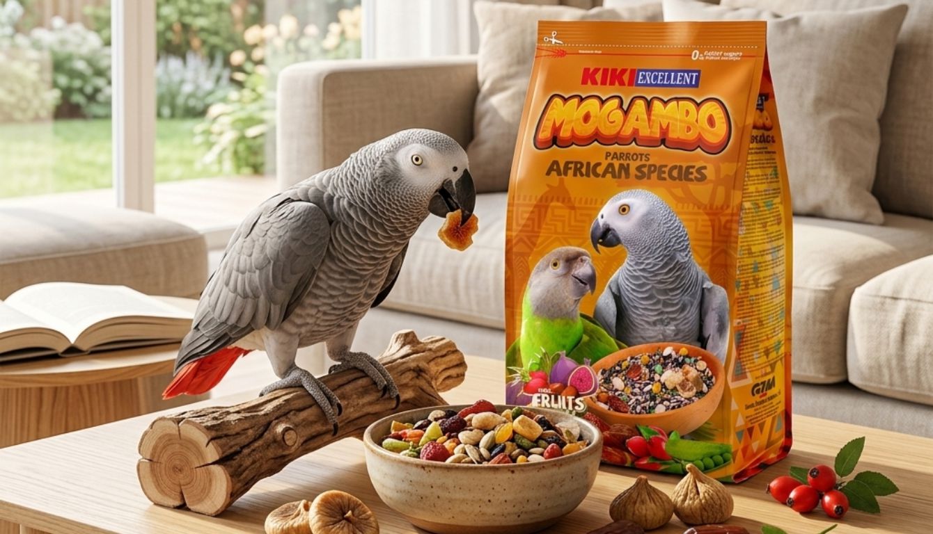 african-grey-parrot-eating-KIKI-Mogambo- תוכי ג'אקו אוכל תערובת פרימיום קיקי מוגמבו לתוכים אפריקאים מתוך קערת עץ בסלון