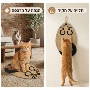 תמונת הסבר דו-שימושית של משטח גירוד לחתול בצורת עכבר: בצד אחד חתול ג'ינג'י יושב על המשטח המונח על הרצפה בסלון, ובצד השני חתול מגרד את המשטח כשהוא תלוי על הקיר.