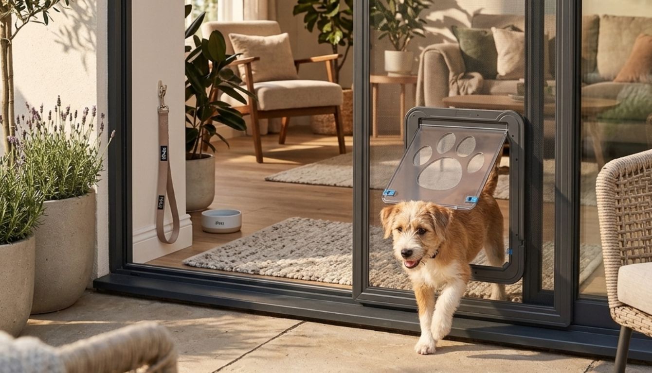 dog-entering-home-through-screen-door-pet-door כלב קטן נכנס לבית דרך דלת מעבר לכלב המותקנת על רשת יתושים במרפסת