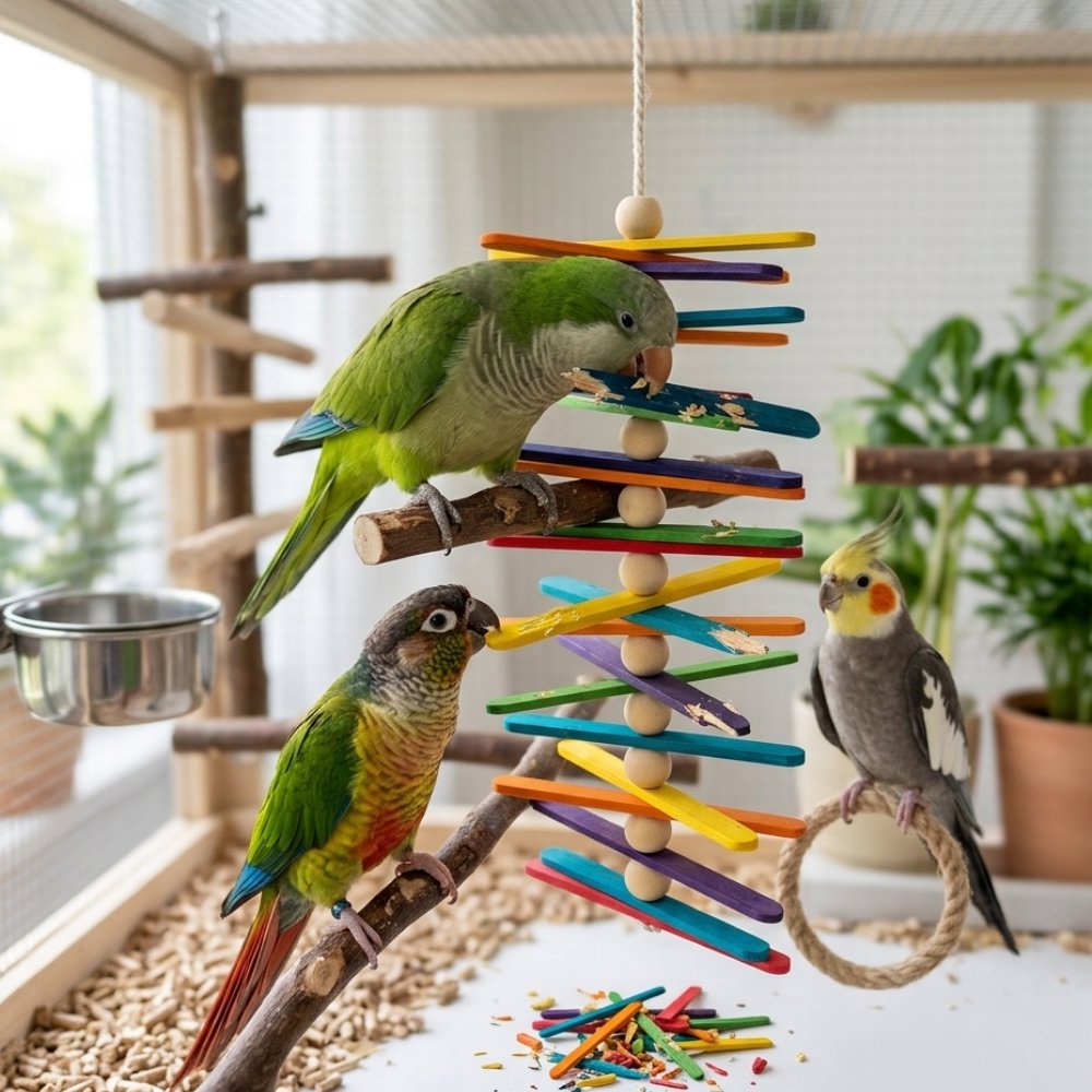 תוכי מסוג גרין צ'יק קוניור נוגס בצעצוע עץ צבעוני, עם קוקטייל ותוכי נוסף ברקע.
