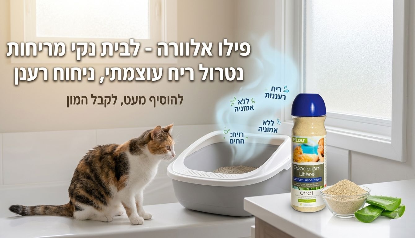 באנר הממחיש שימוש במנטרל ריח פילו אלוורה בתוך ארגז חול לחתול בבית נקי ומואר