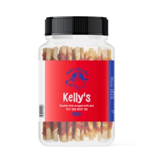 חטיף לעיסה לכלבים Kelly’s – מקלות Rawhide עטופות ברווז | 400 גרם