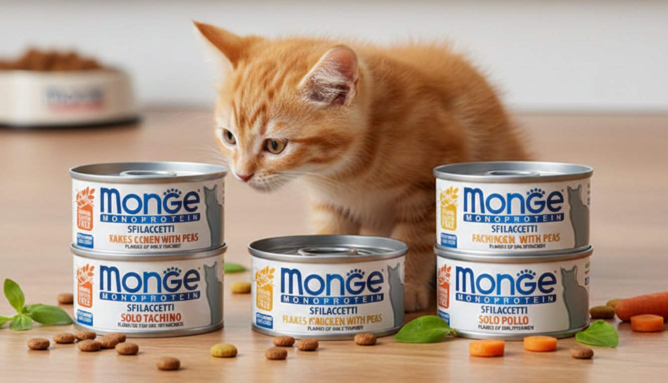 חתול ג'ינג'י צעיר ליד פחיות שימורים מונג' Monge Monoprotein סדרת פתיתים בטעמי הודו ועוף עם אפונה.