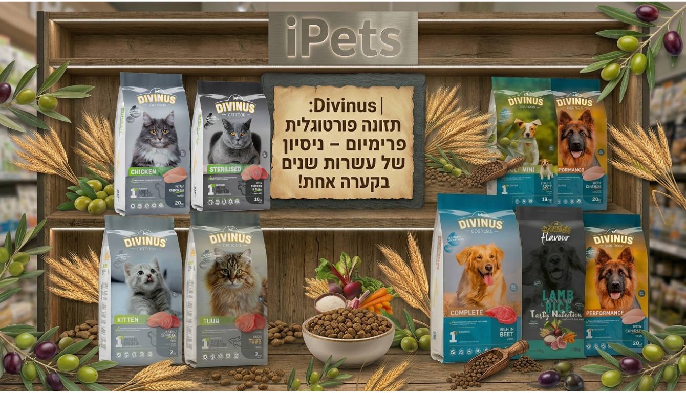 מגוון מוצרי מזון לכלבים ולחתולים של מותג הפרמיום Divinus מפורטוגל, מוצג על מדף מעץ עם עיטורי זיתים וחיטה בחנות iPets.