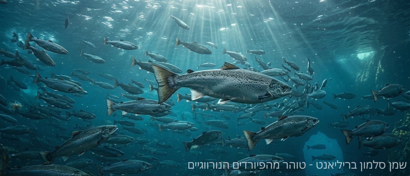 להקת דגי סלמון במים הטהורים של פיורד נורווגי, המקור לשמן סלמון בריליאנט OmeGo.