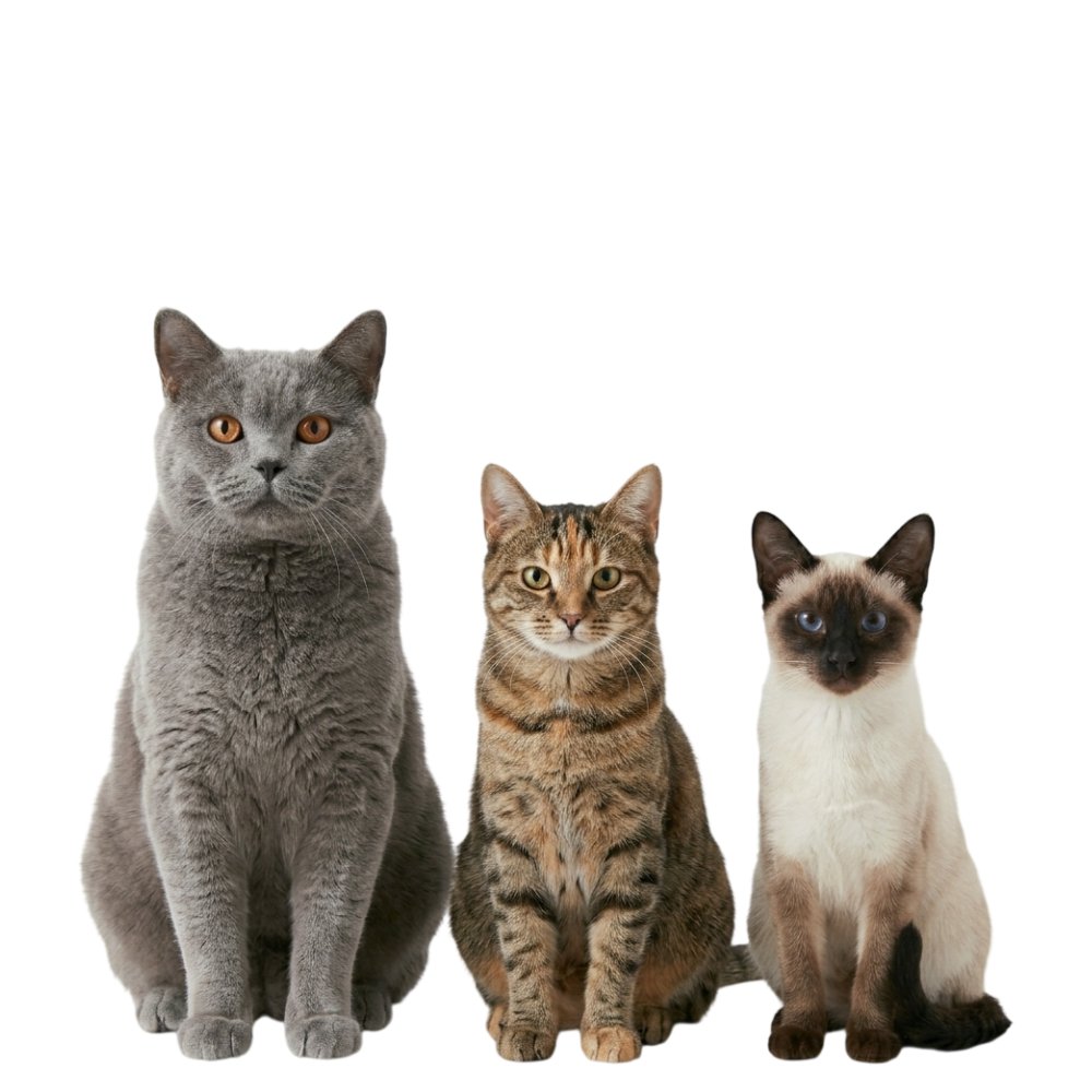 cats-category-british-shorthair-tabby-siamese שלושה חתולים מגזעים שונים: בריטי קצר שיער אפור, חתול טאבי וחתול סיאמי משחקים יחד על רקע לבן נקי - קטגוריית חתולים באתר איי פטס (iPets)