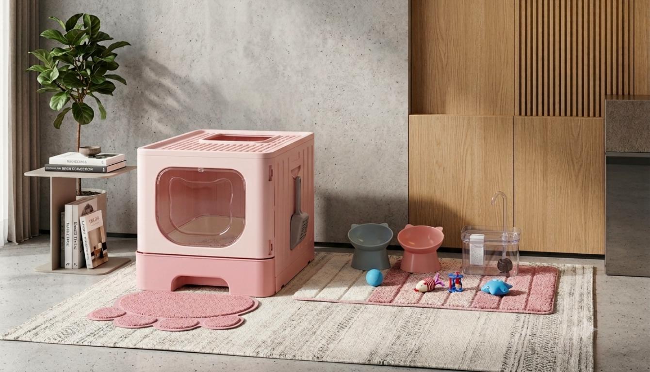 pink-luxury-enclosed-cat-litter-box-interior שירותים סגורים ומעוצבים לחתול בצבע ורוד לצד קערות אוכל בחדר מגורים מודרני