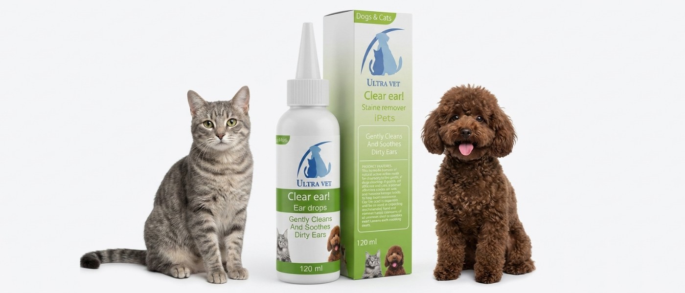 באנר רחב למוצר Ultra Vet Clear Ear לניקוי אוזניים לכלבים וחתולים, כולל אריזה, בקבוק טיפות, חתול אפור וכלב פודל חום על רקע לבן נקי.
