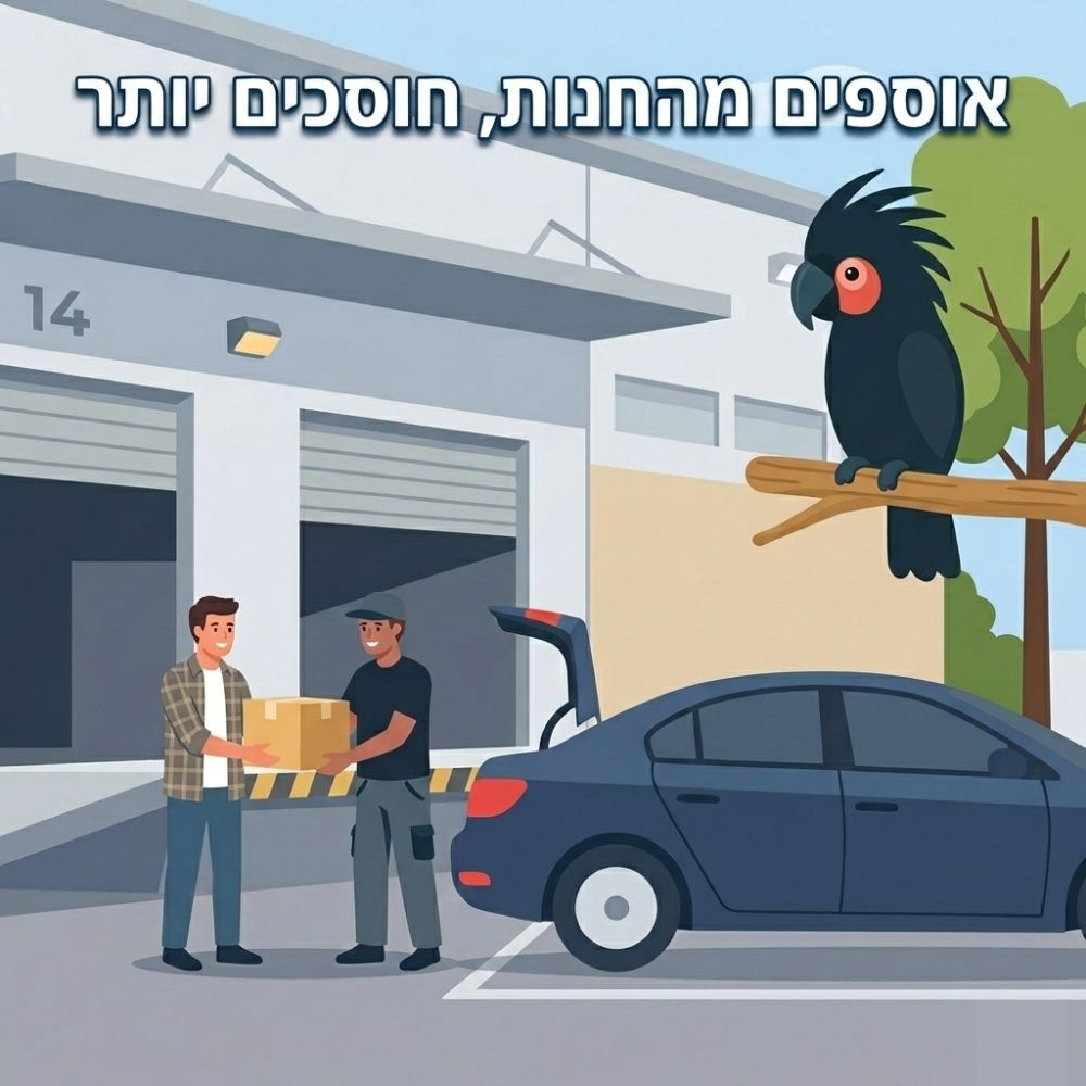 מבצעים-לאיסוף-עצמי-מחנות-חיות איור של איסוף עצמי מחנות iPets עם רכב ותוכי, הכיתוב: אוספים מהחנות חוסכים יותר