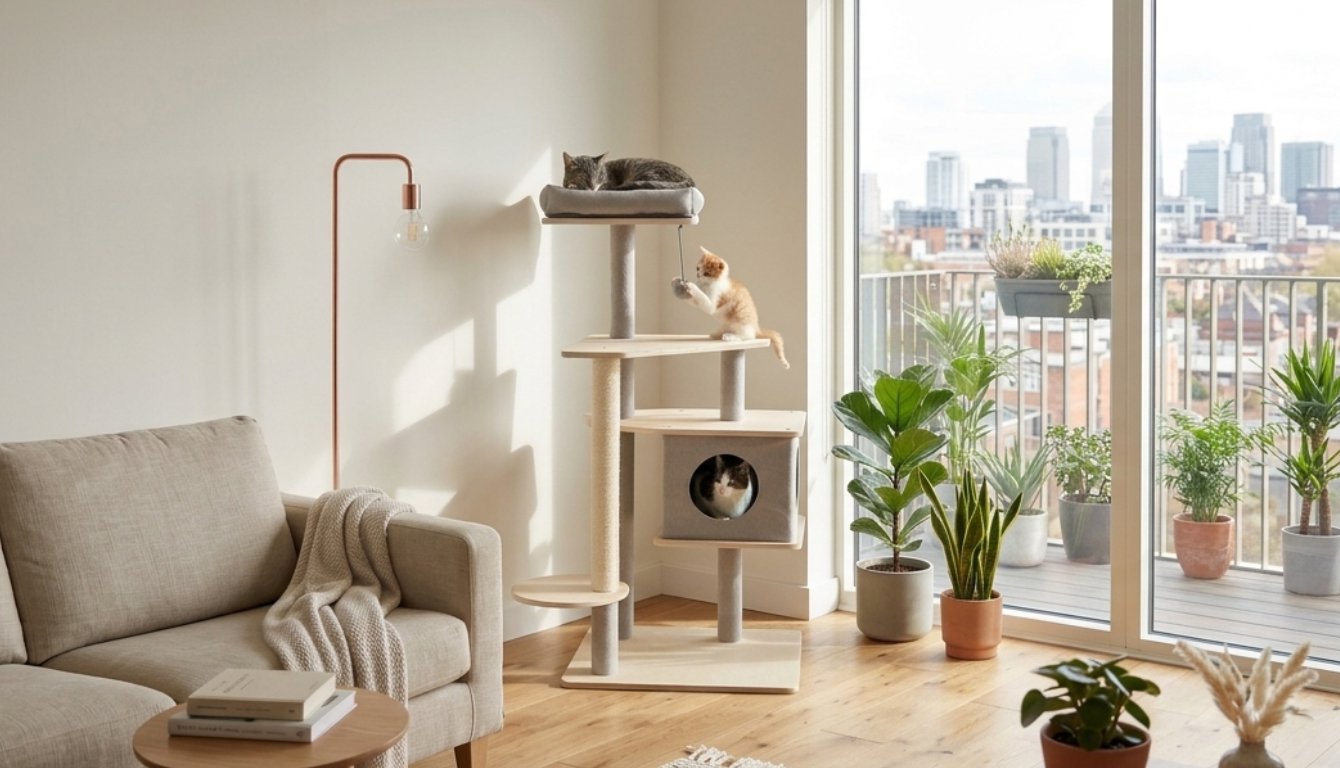 modern-cat-furniture-urban-living-room מתקן גירוד יוקרתי לחתול בסלון מעוצב עם נוף עירוני