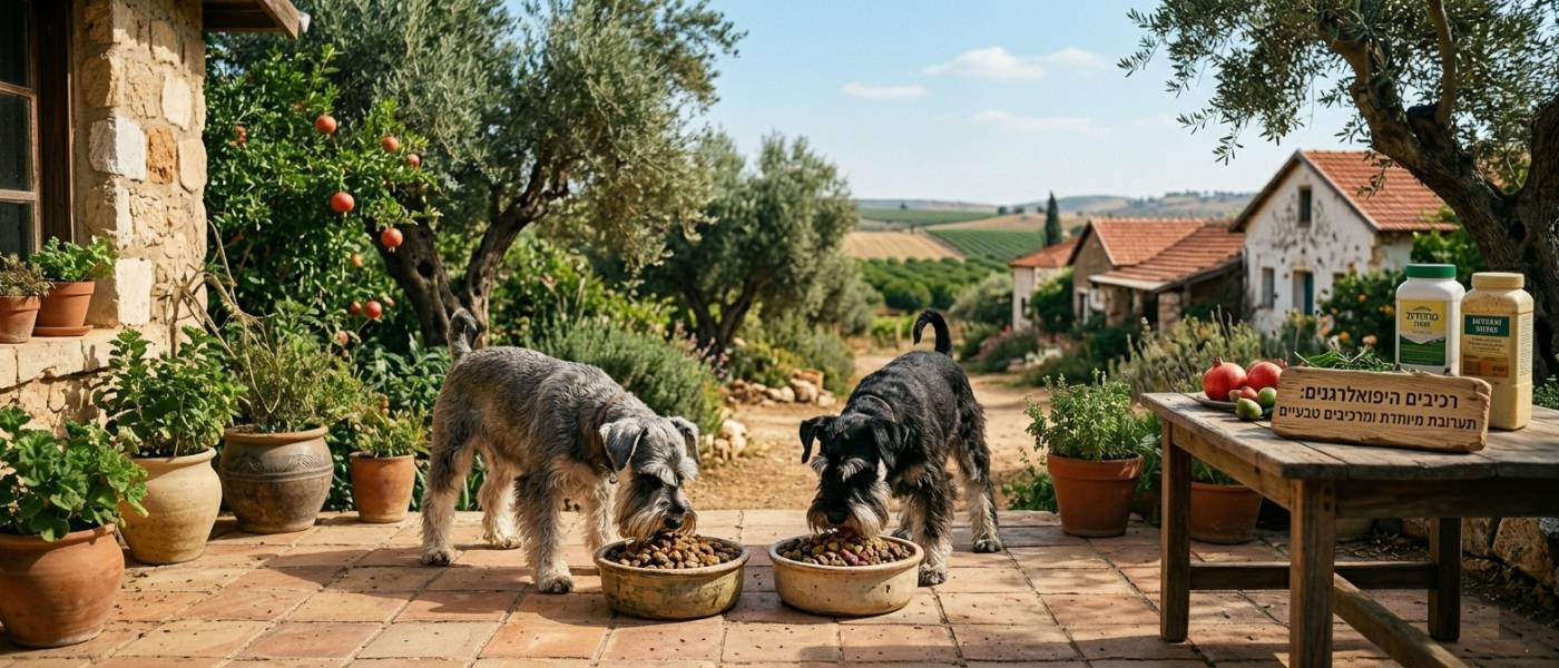 schnauzer-dogs-eating-hypoallergenic-food שני כלבי שנאוצר אוכלים מזון היפואלרגני איכותי בחצר מושב