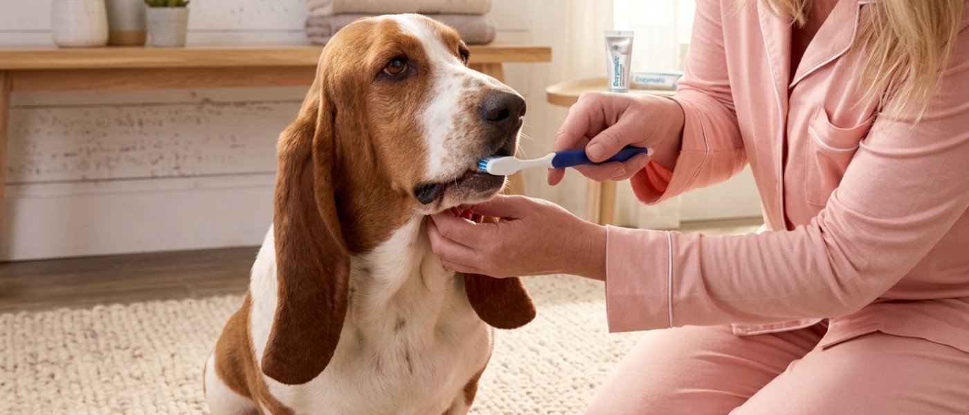 how-to-brush-dog-teeth אישה בפיג'מה ורודה מצחצחת בעדינות שיניים לכלב באסט האונד עם מברשת שיניים כחולה לכלבים