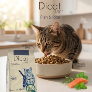 חתול אוכל מזון יבש דיקאט אפ Dicat Up דגים ואורז לצד נתח סלמון טרי ועלי מנטה