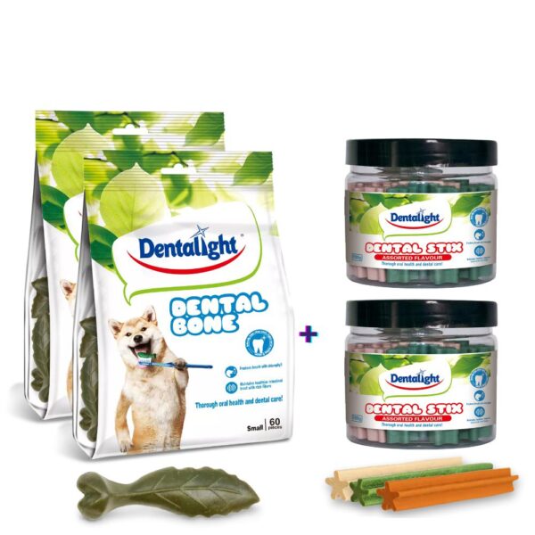 dentalight-dog-dental-bone-stix-combo מארז מבצע חטיפים דנטלי ם לכלב – שקית חטיף דנטלי בצורת עלה 60 יחידות וצנצנת דנטל סטיקס מיקס טעמים