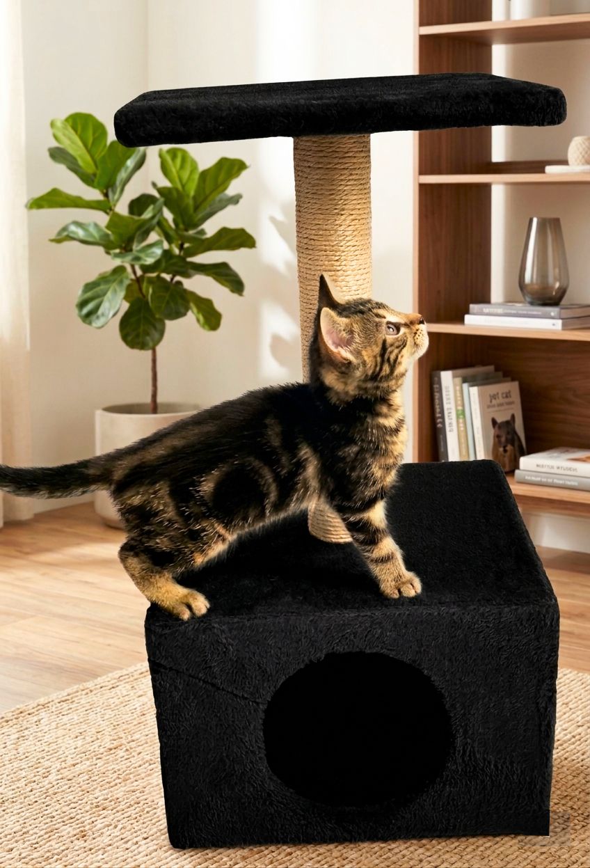 compact-black-cat-scratching-tree מתקן גירוד קומפקטי שחור לחתולים עם עמוד סיזל