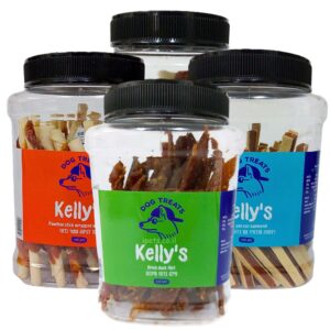 חטיפים לכלבים במבצע של חברת Kelly's - פילה ברווז, רצועות סנדוויץ, עצמות לעיסה, באריזות סגורות של 400 גרם