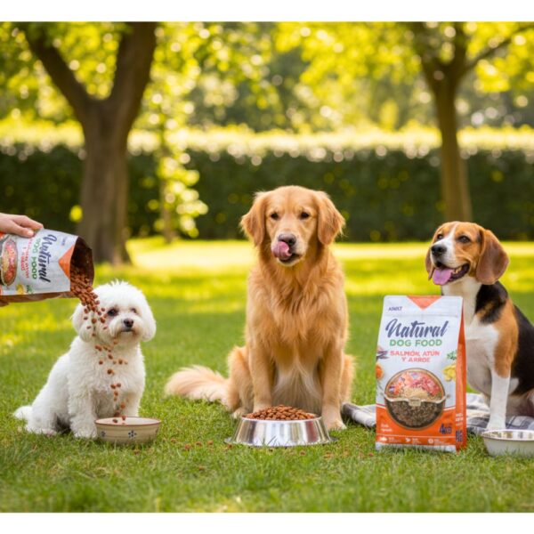 שלושה כלבים מגזעים שונים נהנים ממזון Natural Dog Food סלמון וטונה בגינה ירוקה