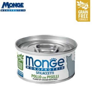 שימורי מונז' סופר-פרימיום לחתול מסדרת Monoprotein, בטעם נתחי עוף עם אפונה.