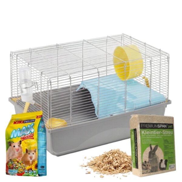 imac-criceti-60-hamster-starter-kit-basic חבילת התחלה בייסיק לאוגר ב-iPets: כלוב Criceti 60 עם בסיס אפור, שקית מזון Kiki Max Menu, מצע נסורת PremiumSpan ובקבוק שתייה.
