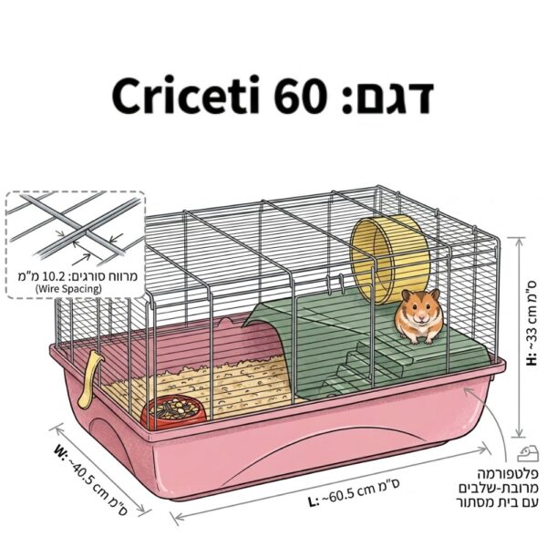 איור טכני של כלוב לאוגרים דגם Criceti 60 עם מידות: אורך 60 ס"מ, רוחב 35 ס"מ וגובה 40 ס"מ, כולל סימון פלטפורמה ובית מסתור.