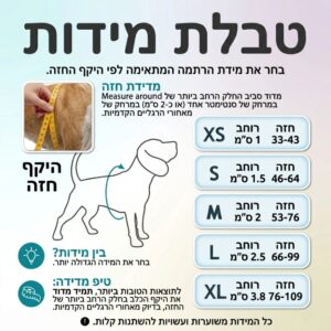 תמונה עם נתונים וטבלת מידות התאמה לרתמת גוף לכלב של דוקו