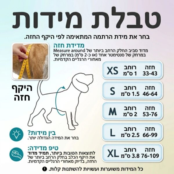 תמונה עם נתונים וטבלת מידות התאמה לרתמת גוף לכלב של דוקו