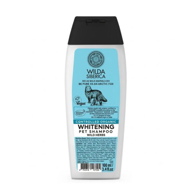 שמפו אורגני מבהיר לפרווה לבנה ובהירה 100 מ"ל Wilda Siberica Whitening Pet Shampoo על רקע לבן נקי, מתאים לכלבים וחתולים עם עור רגיש.